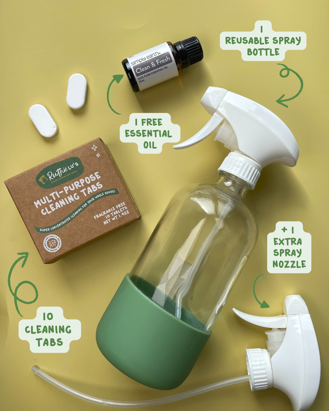 Cleaning Spray Starter Set with reusable glass bottle, cleaning tablets, 2 spray nozzles, and Simply Earth Clean & Fresh Essential Oil, part of a Safe Cleaning Products kit and eco-friendly home cleaning kit.