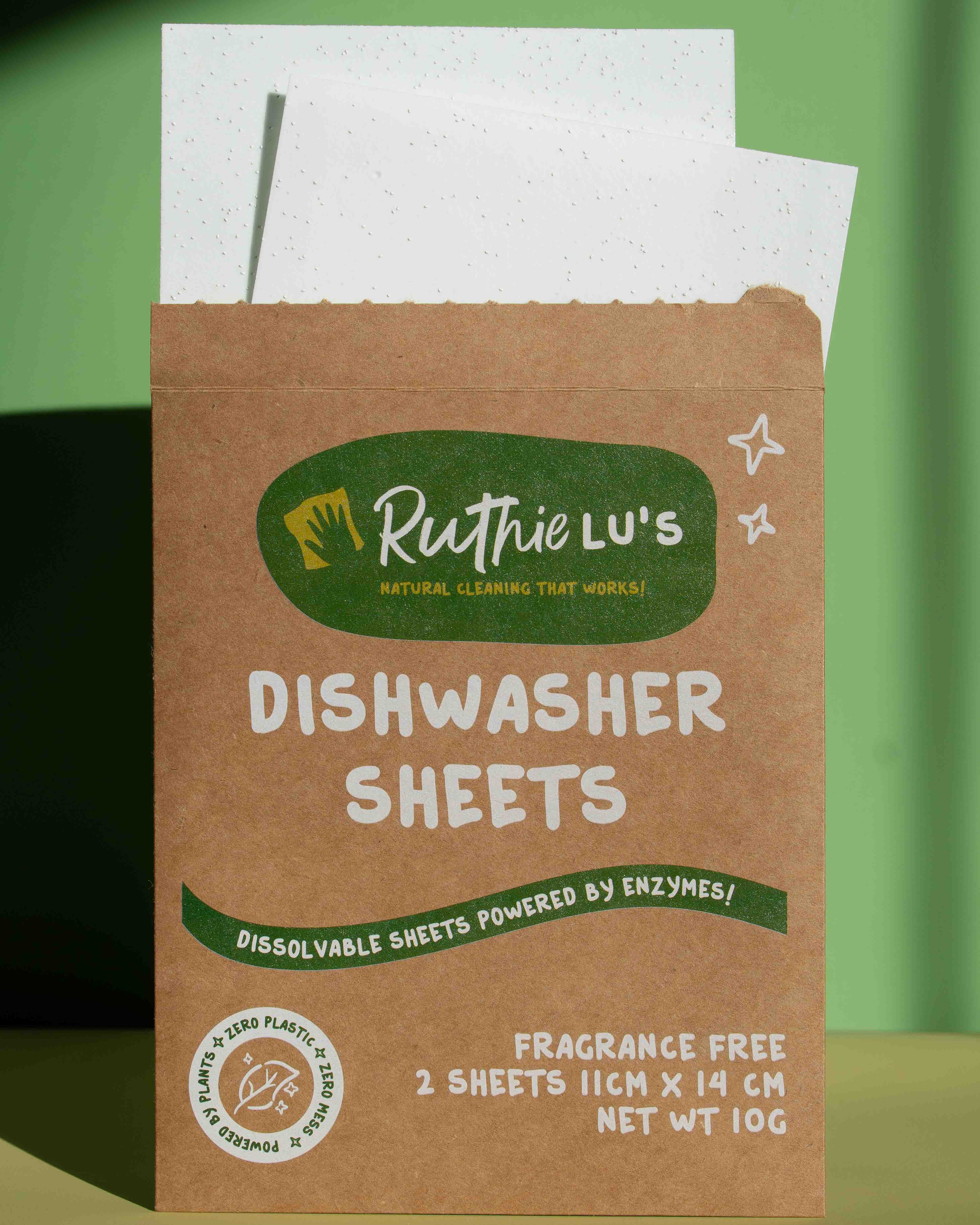 Small pack of Dishwasher Sheets, a plastic-free natural cleaning product for streak-free, eco-conscious cleaning.