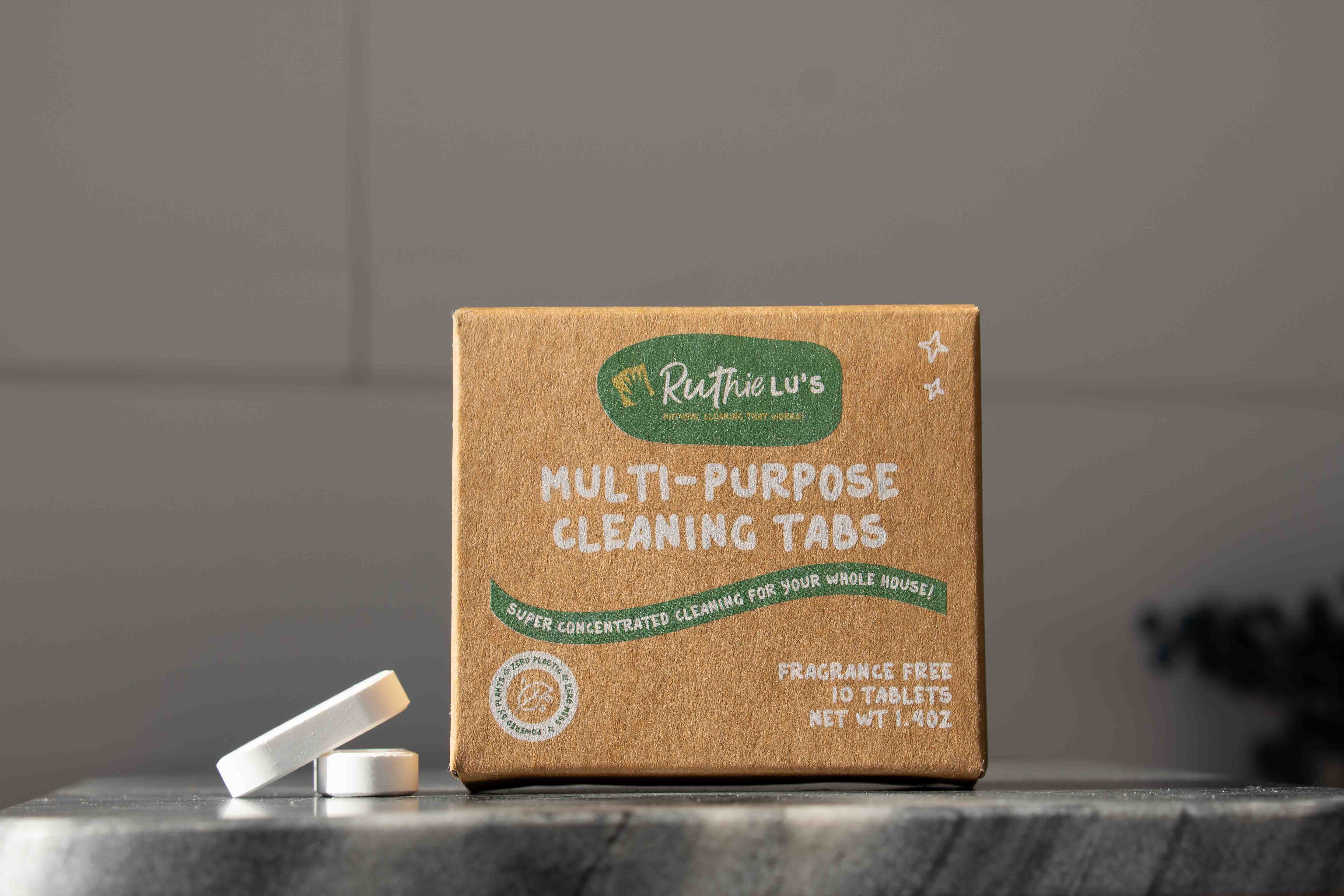 Multipurpose cleaning tablets with box packaging for an all purpose cleaner.