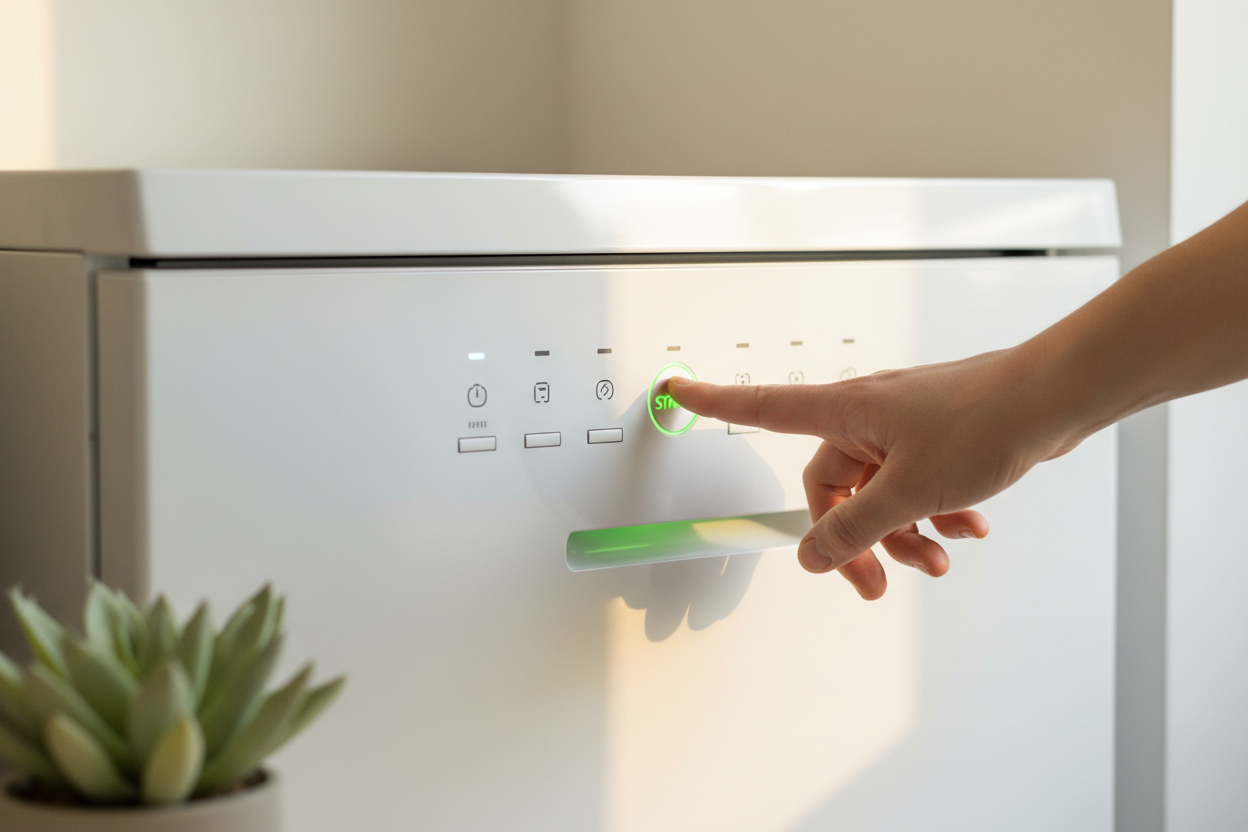 Starting dishwasher cycle using Dishwasher Sheets, a safe, plant-based natural cleaning product for eco-friendly, streak-free dishwashing.